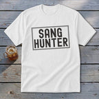 White t-shirt with black text "SANG HUNTER" inside a rectangle.