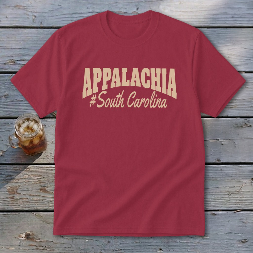 Maroon t-shirt with "APPALACHIA #South Carolina" text in cream.