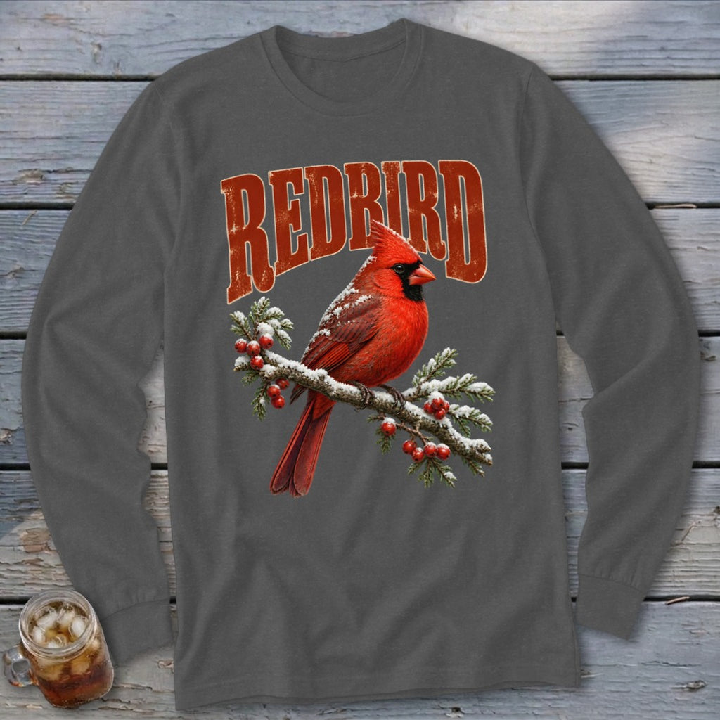 Charcoal long-sleeve t-shirt with a red cardinal on a snowy branch and the text REDBIRD.