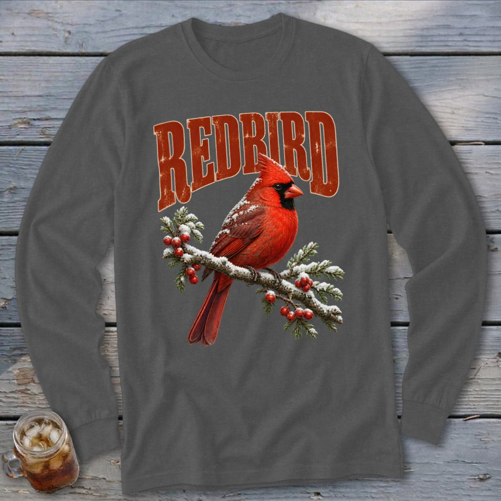 Charcoal long-sleeve t-shirt with a red cardinal on a snowy branch and the text REDBIRD.