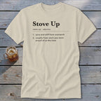 Light cream crew neck t-shirt with black dictionary definition text printed on the chest.