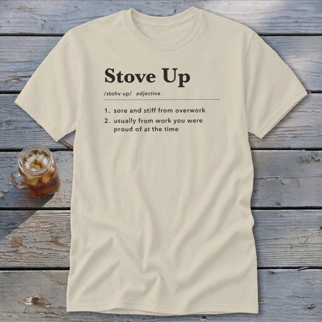 Light cream crew neck t-shirt with black dictionary definition text printed on the chest.