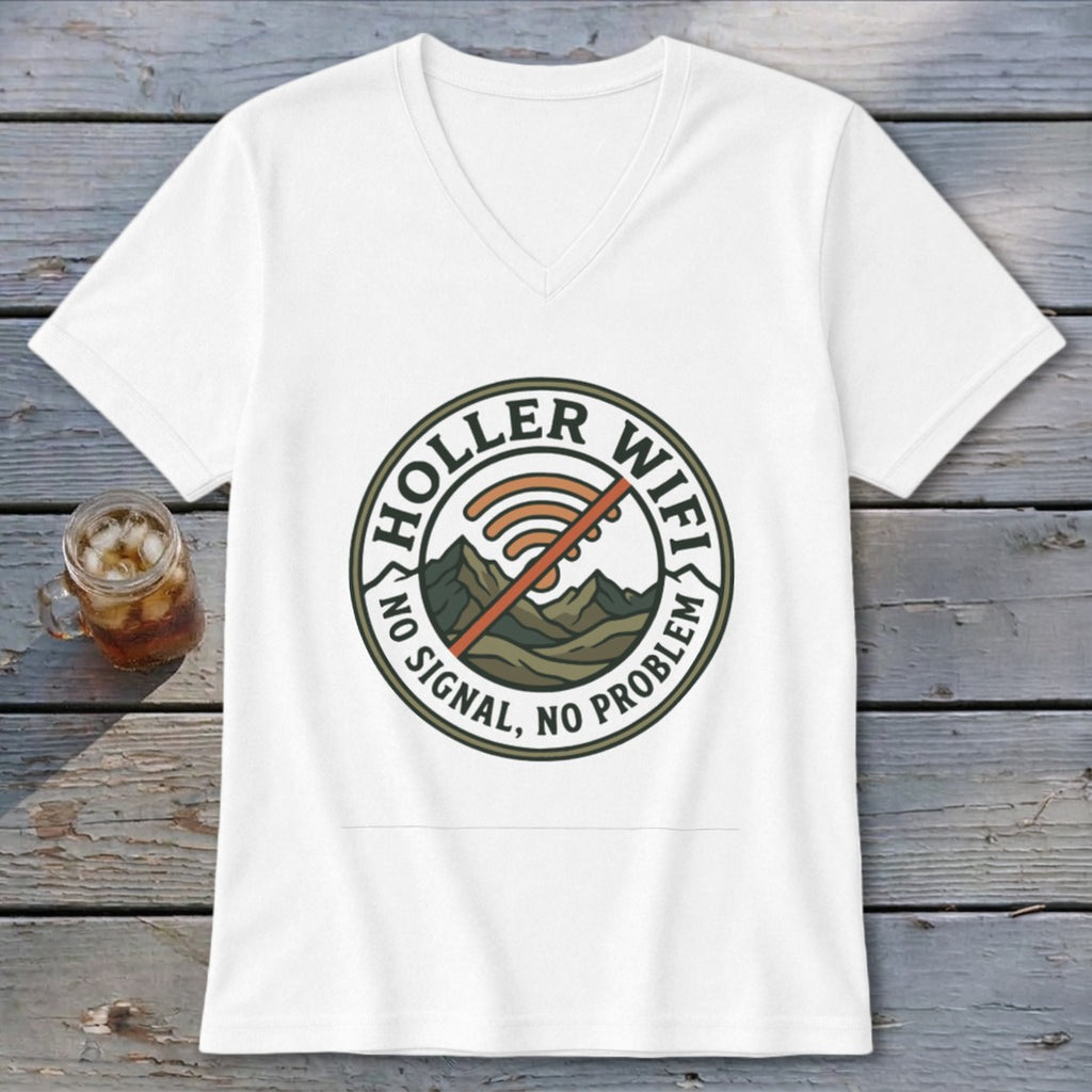 White v-neck t-shirt with "Holler Wifi No Signal, No Problem" circular graphic.