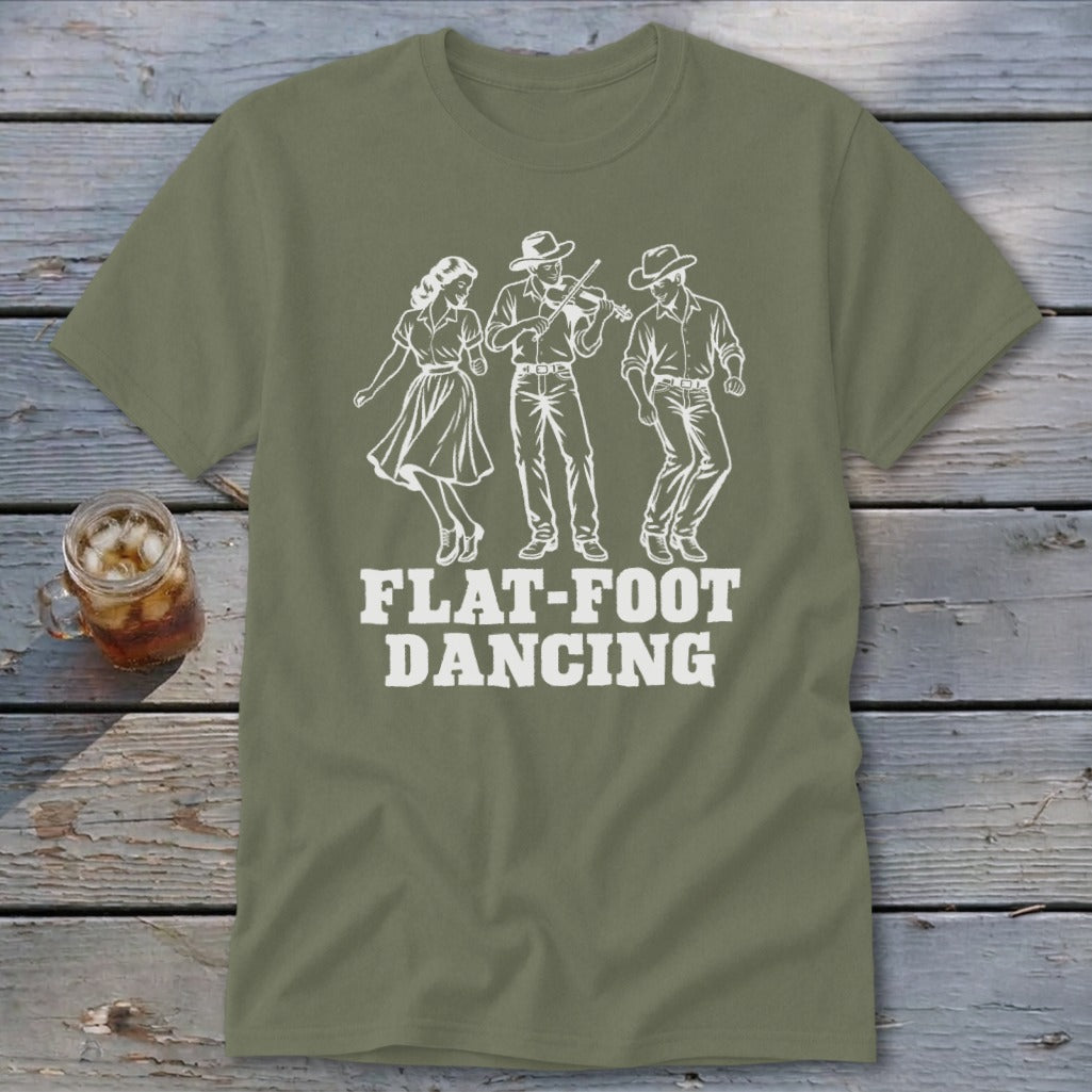 Olive green t-shirt with white line art of three people dancing, one playing violin.