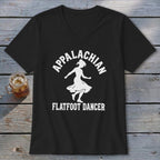 A black V-neck t-shirt with a white graphic of a female dancer and text reading Appalachian Flatfoot Dancer.