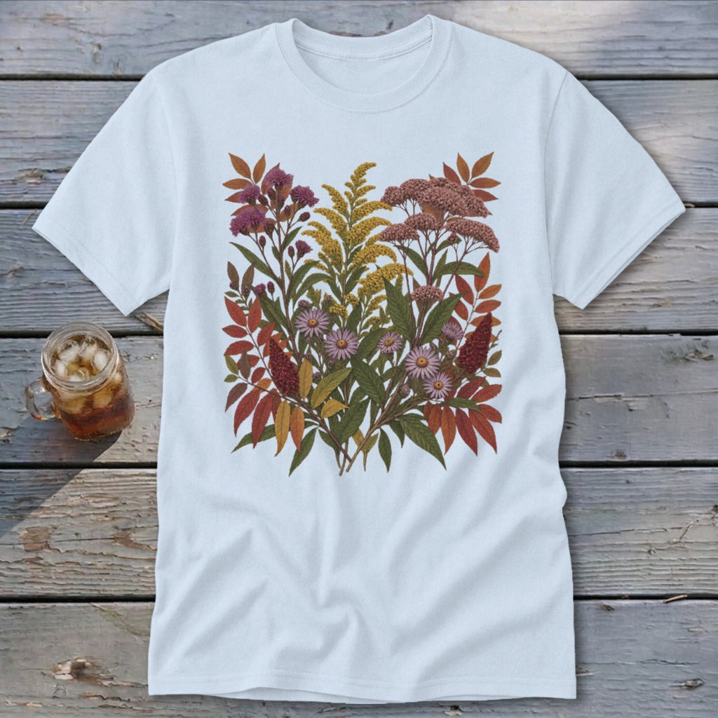 White t-shirt with an illustration of a fall floral arrangement.