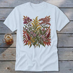 White t-shirt with an illustration of a fall floral arrangement.