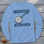 Light blue long-sleeved t-shirt featuring a banjo graphic and the text MOUNTAIN ECHOES.