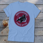 Light blue crewneck t-shirt with a distressed red graphic of a bear relaxing on a porch swing.