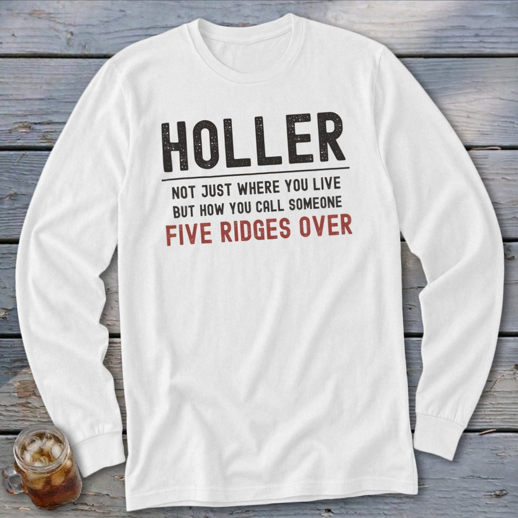 White long-sleeve shirt with "HOLLER" and "FIVE RIDGES OVER" text.
