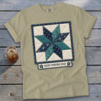 Tan t-shirt with an eight-pointed star quilt block design and text.