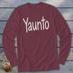 Maroon long-sleeve t-shirt with "Yaunto" text printed in white on the chest.
