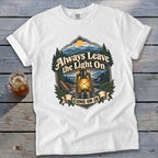 White t-shirt with "Always Leave the Light On Come On In" text and lantern graphic.