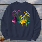 Navy sweatshirt with a watercolor floral design featuring pink and yellow wildflowers.