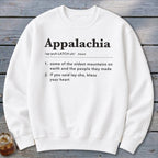 A white crewneck sweatshirt features black text defining Appalachia with humorous dictionary-style entries.