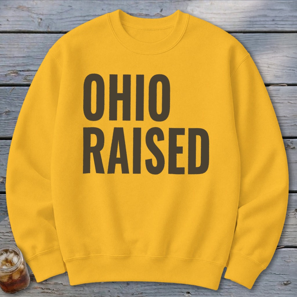 Yellow sweatshirt with "OHIO RAISED" in dark text.