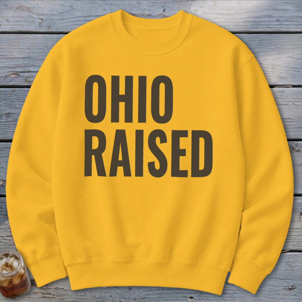 Yellow sweatshirt with "OHIO RAISED" in dark text.