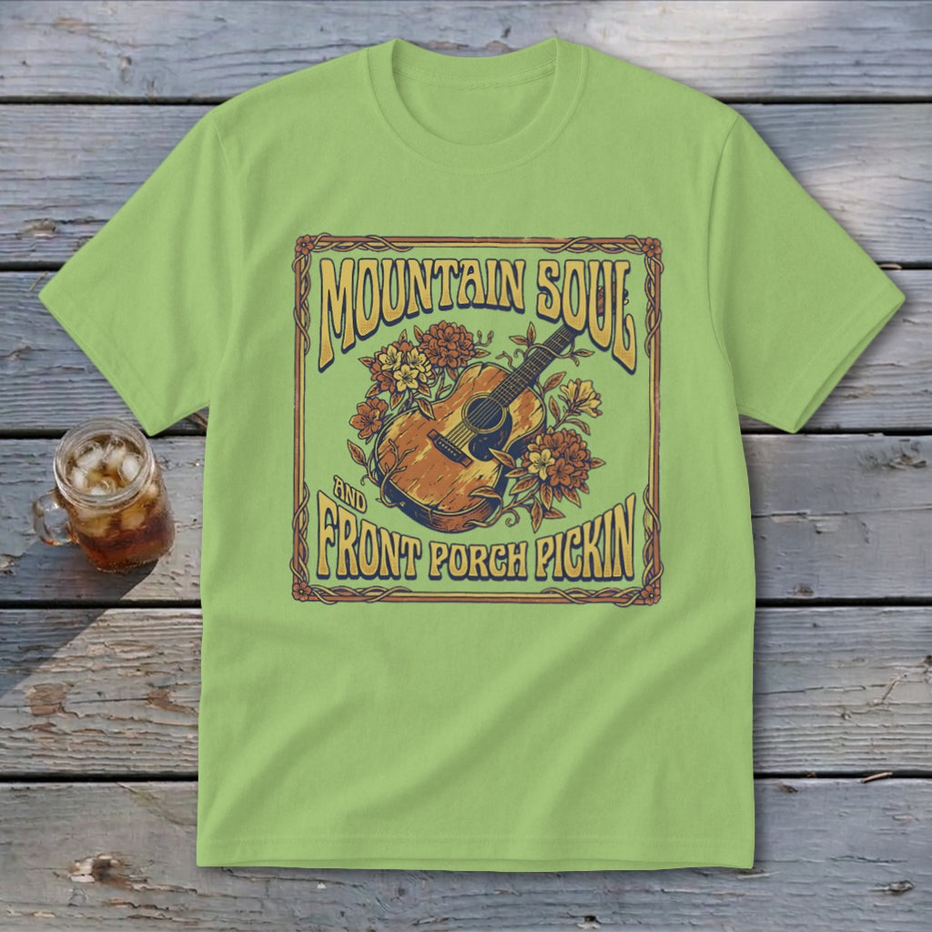 Light green t-shirt with "Mountain Soul and Front Porch Pickin'" text and guitar design.