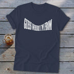Navy t-shirt with white text reading "GUESS WHERE I'M FROM"