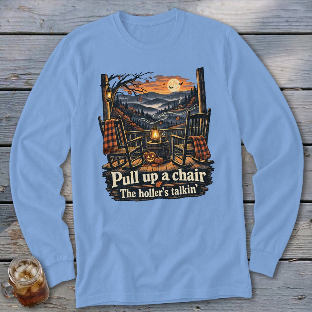 Front graphic of rocking chairs on a porch with pumpkins and text: "Pull up a chair, The holler's talkin'."