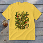 Yellow t-shirt with a detailed botanical illustration of pine, holly, berries, and pinecones.