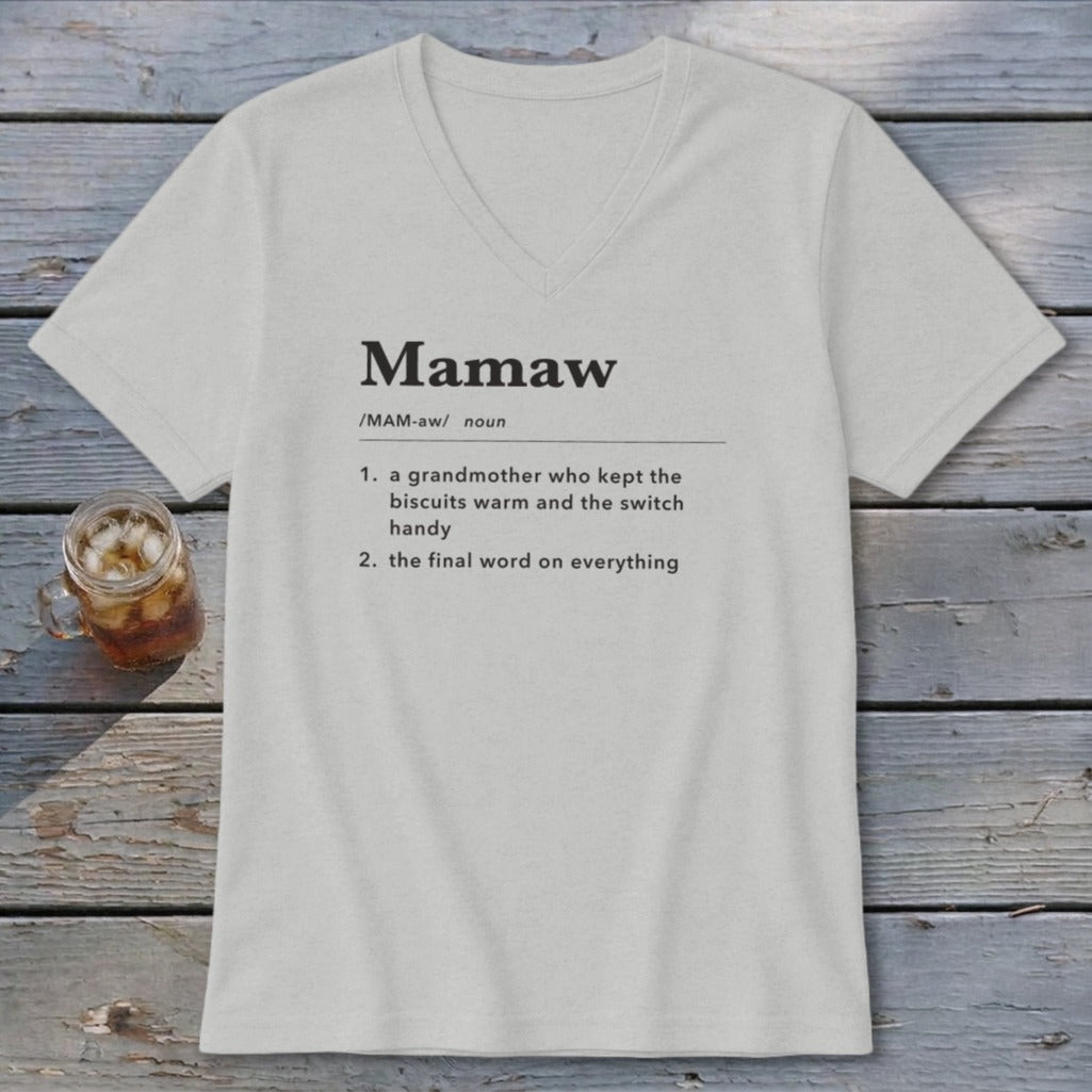 Light grey v-neck t-shirt with "Mamaw" definition print.