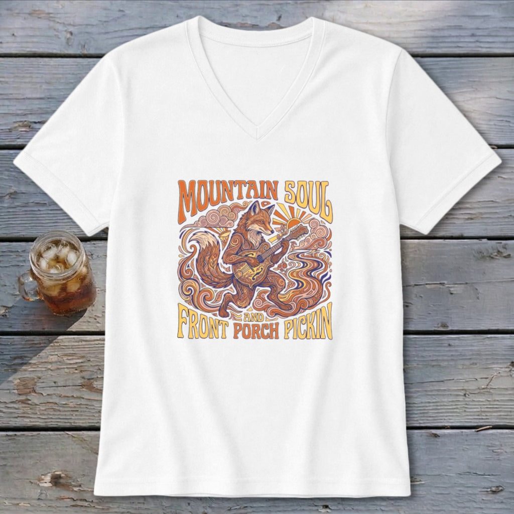 White t-shirt with a graphic of a fox playing a guitar, with "Mountain Soul and Front Porch Pickin'" text.