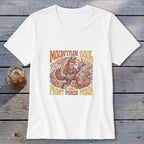 White t-shirt with a graphic of a fox playing a guitar, with "Mountain Soul and Front Porch Pickin'" text.
