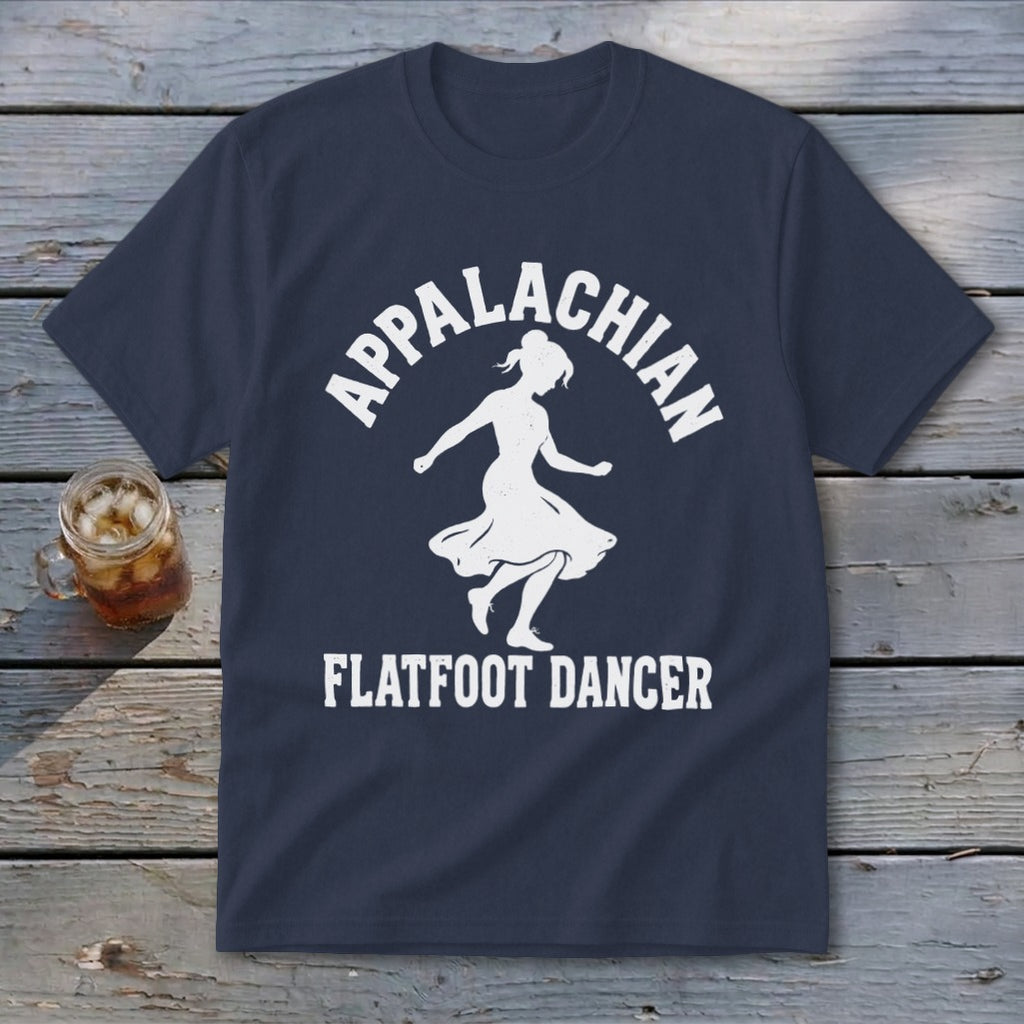 A navy blue t-shirt with white text reading "Appalachian Flatfoot Dancer" and a dancer silhouette.