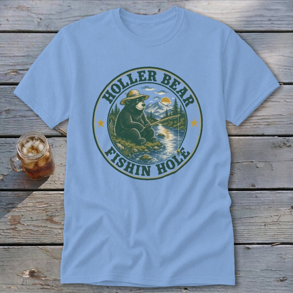 Light blue t-shirt with a circular graphic of a bear fishing, featuring text "Holler Bear Fishin Hole".