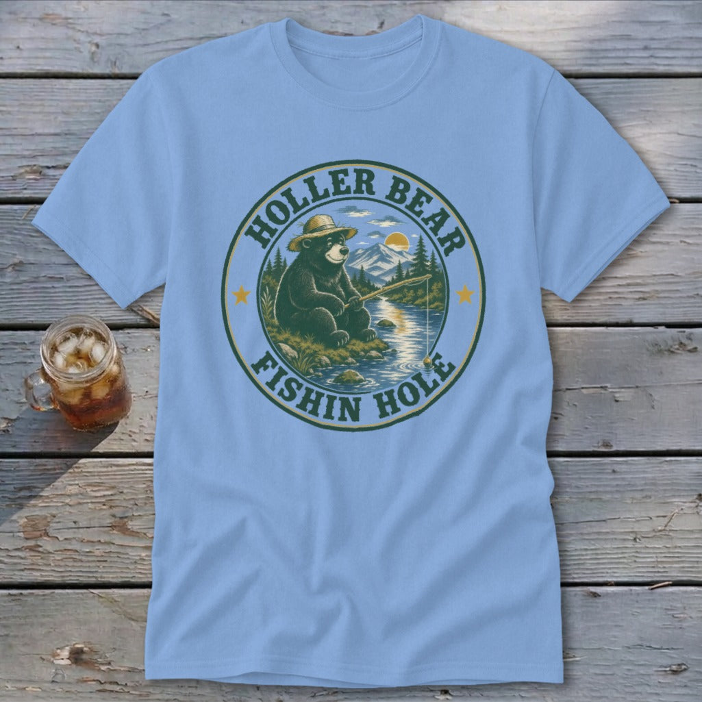 Light blue t-shirt with a circular graphic of a bear fishing, featuring text "Holler Bear Fishin Hole".