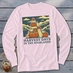 Light pink long-sleeve shirt featuring a stacked pumpkin illustration and the text Harvest Days in the Highlands.
