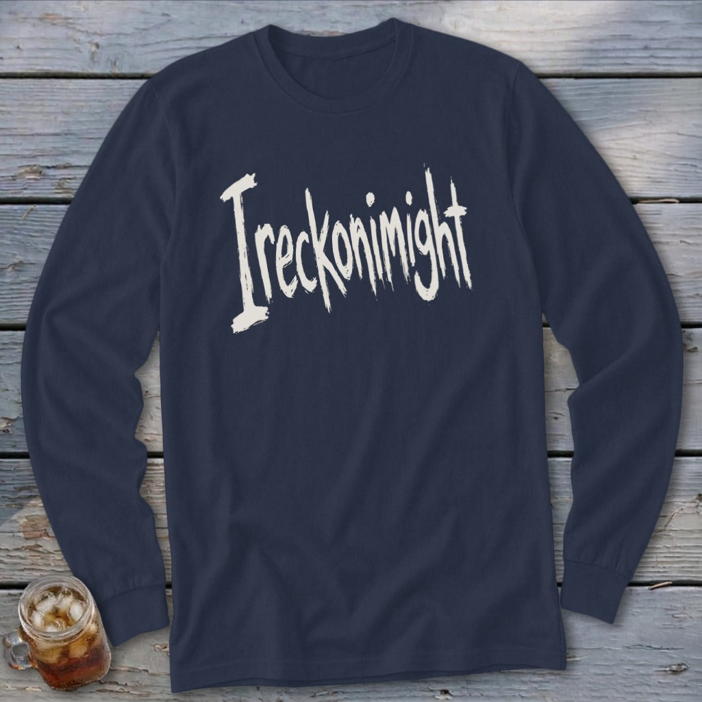 Navy long-sleeved shirt with "Ireckoninight" in white distressed text.