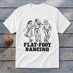 T-shirt with black graphic of three dancers, one playing a violin, and text "FLAT-FOOT DANCING".