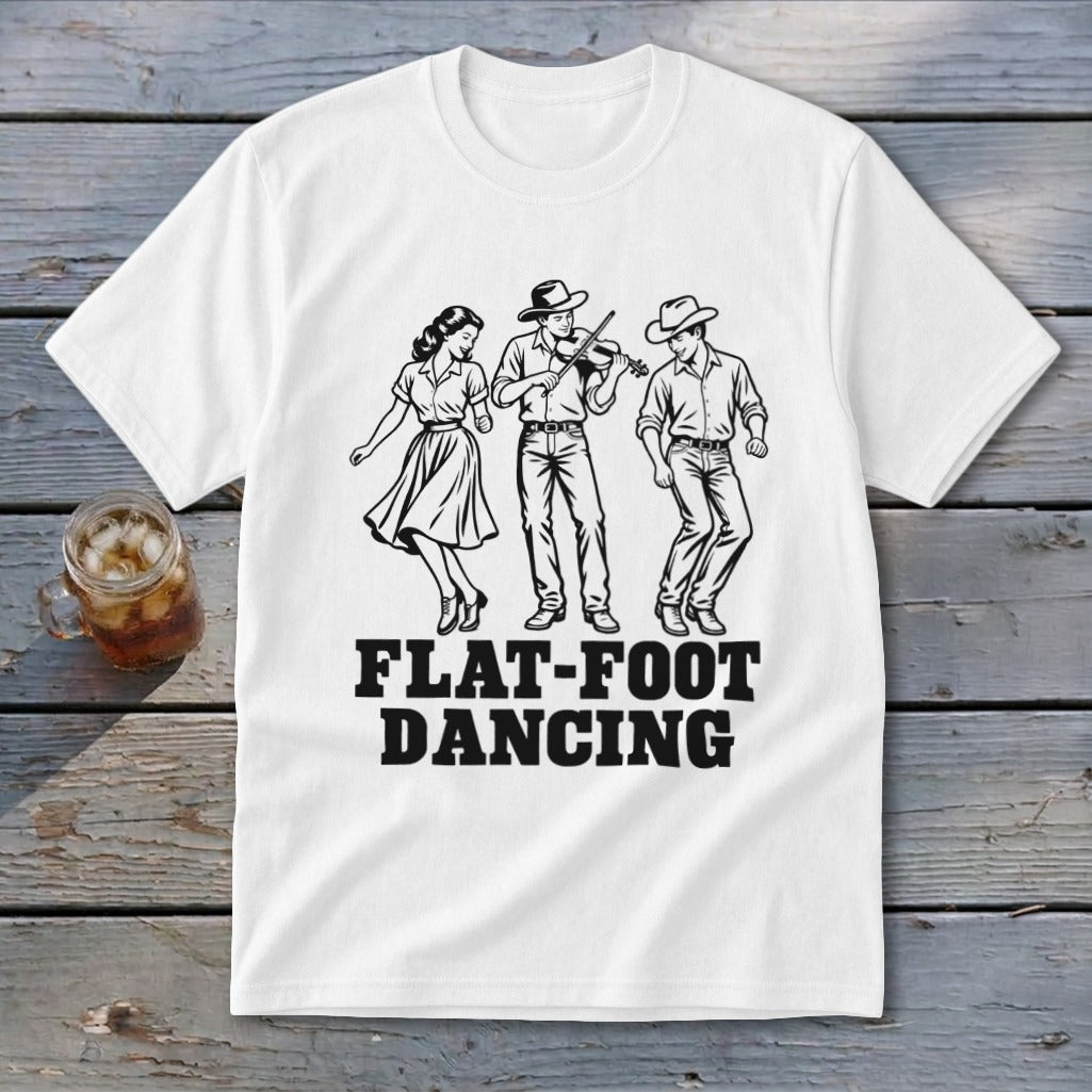 T-shirt with black graphic of three dancers, one playing a violin, and text "FLAT-FOOT DANCING".