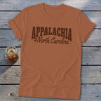 Brown t-shirt with "APPALACHIA #North Carolina" text in dark brown.