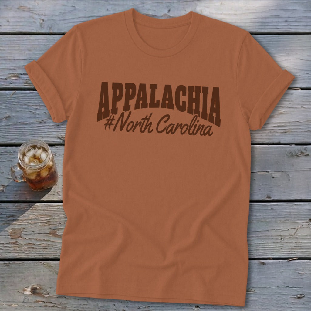 Brown t-shirt with "APPALACHIA #North Carolina" text in dark brown.