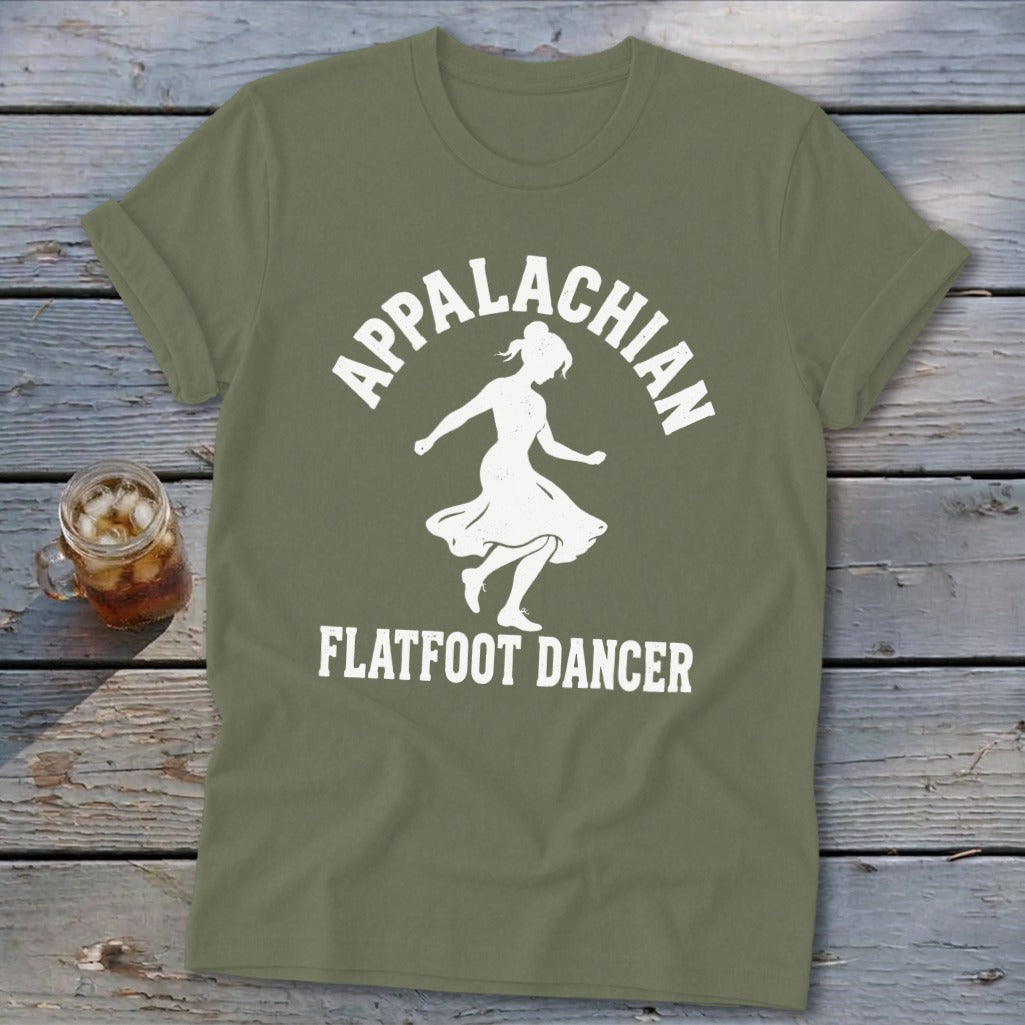 Olive green crewneck t-shirt featuring white text that reads Appalachian Flatfoot Dancer surrounding a dancing woman.