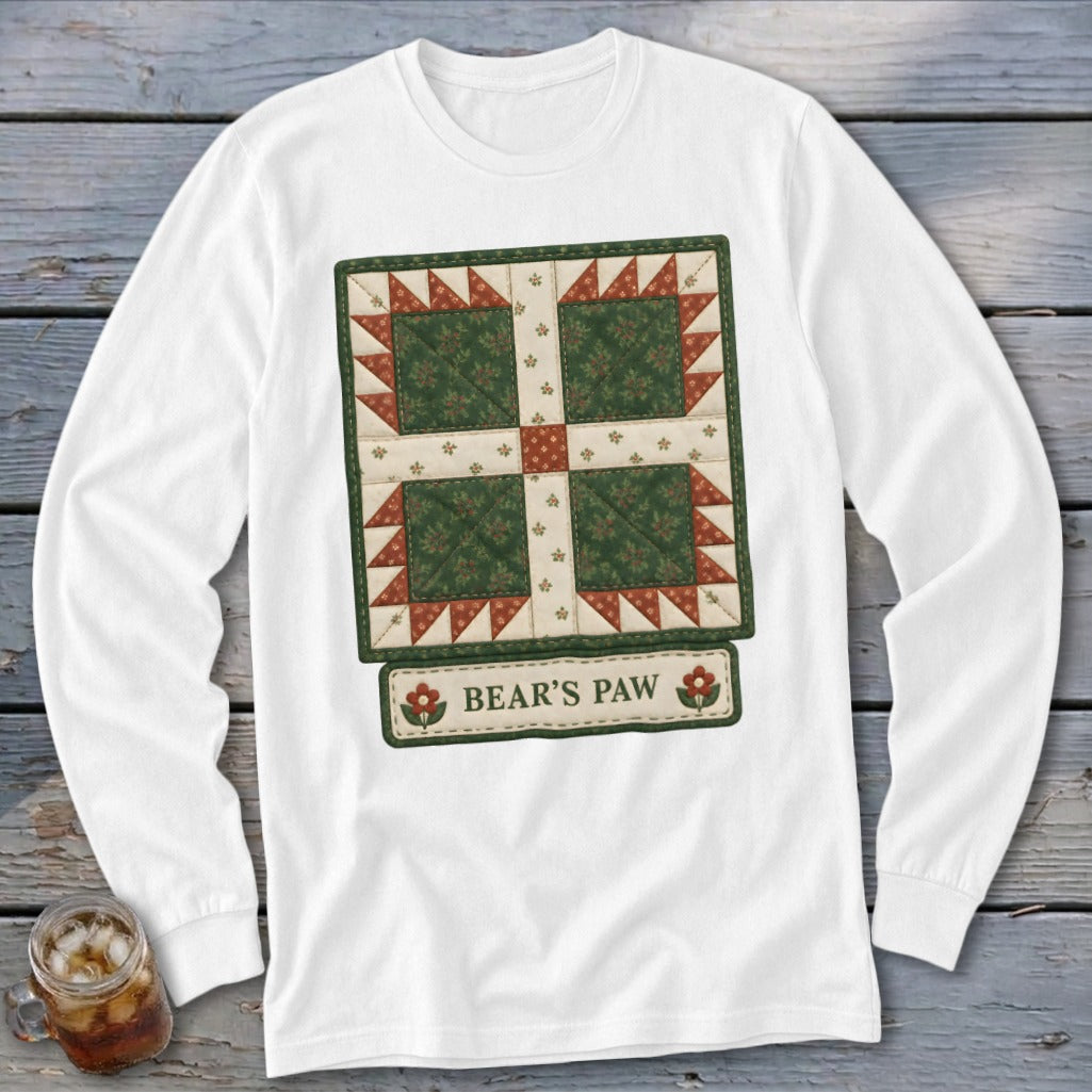 Long sleeve white shirt featuring a "Bear's Paw" quilt pattern design.