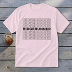 Pink t-shirt with "RIDGERUNNER" printed multiple times, with one line in bold.