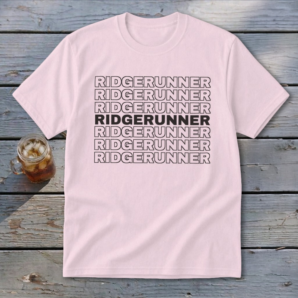 Pink t-shirt with "RIDGERUNNER" printed multiple times, with one line in bold.