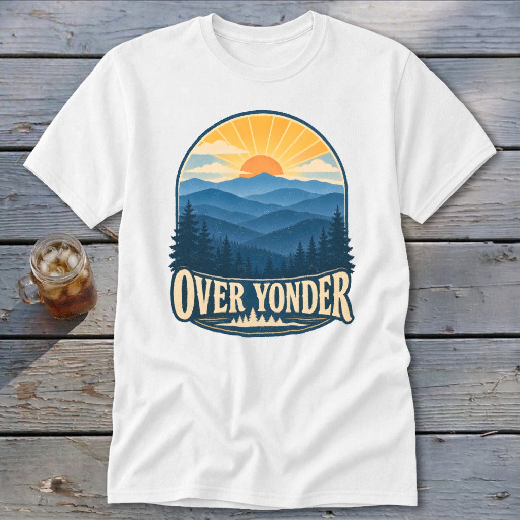 White crewneck t-shirt featuring a vintage mountain landscape graphic with the text Over Yonder.