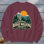 Burgundy sweatshirt with "Ridge Walking Society" graphic depicting a hiker.
