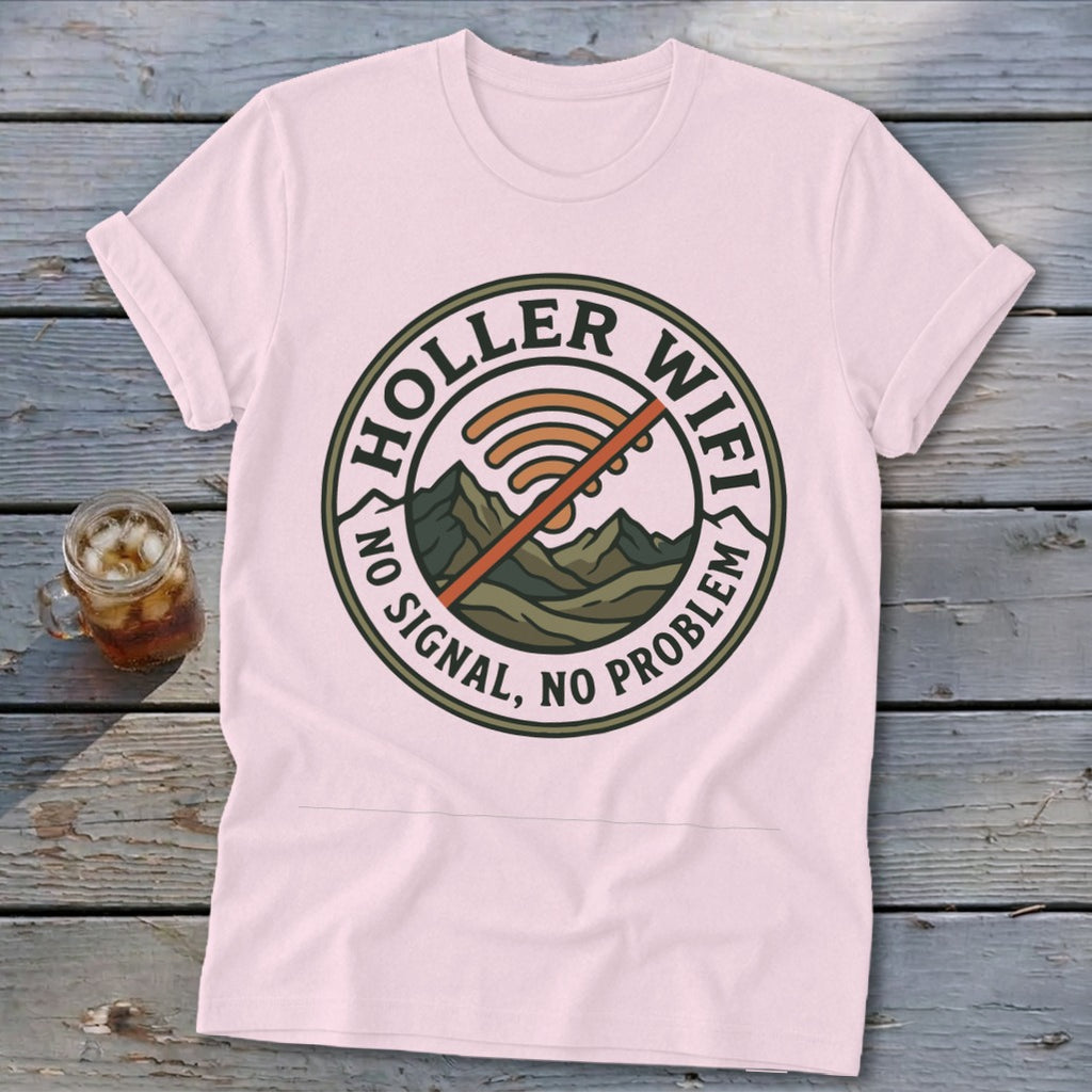 Pink t-shirt with "Holler Wifi No Signal, No Problem" graphic and mountains.