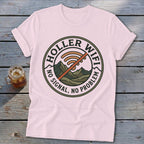 Pink t-shirt with "Holler Wifi No Signal, No Problem" graphic and mountains.