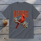 A dark gray crewneck t-shirt featuring a vintage cardinal graphic and the text Redbird.