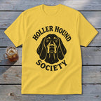 Yellow t-shirt with "Holler Hound Society" text and a black dog illustration.
