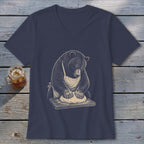 Bear in apron kneading dough on a wooden board, printed on a navy v-neck t-shirt.