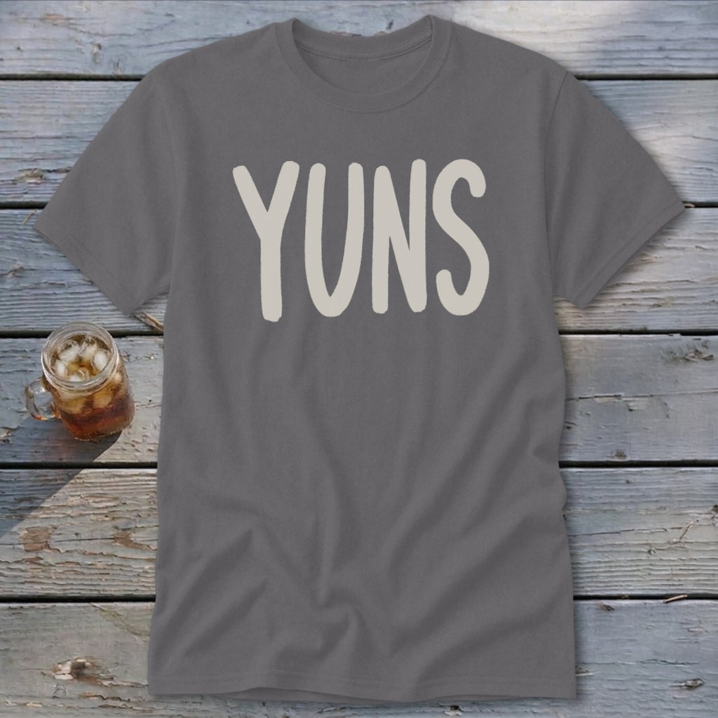 Gray t-shirt with white "YUNS" text and a glass of iced tea.