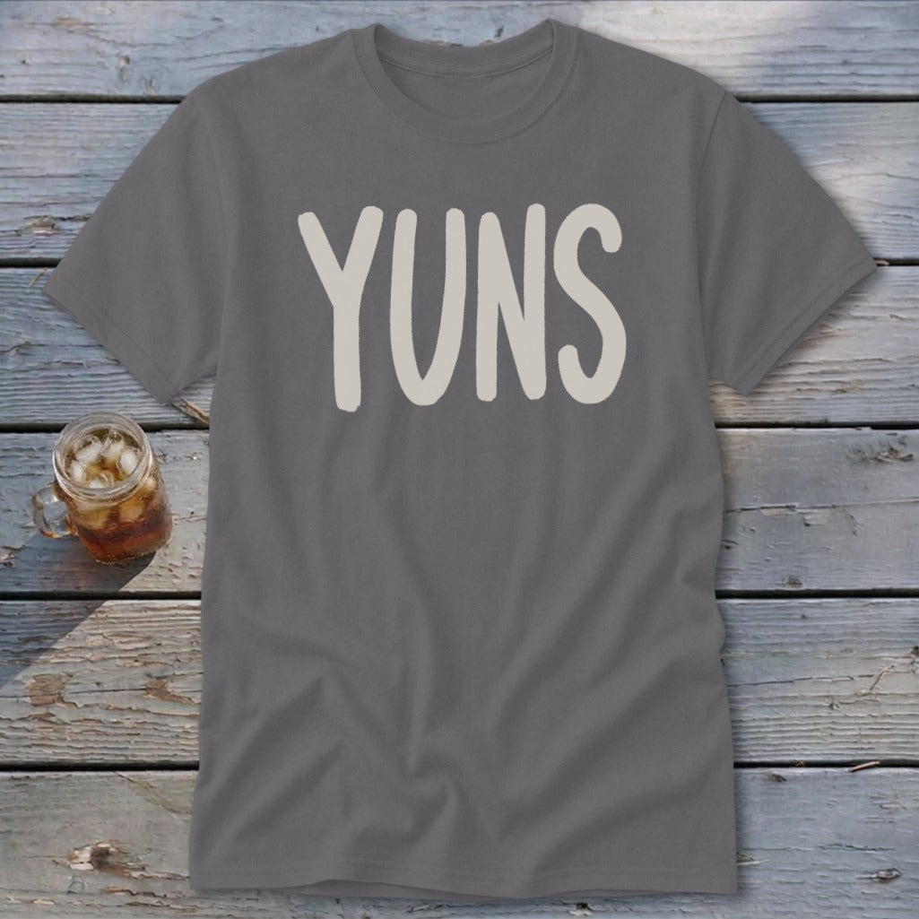 Gray t-shirt with white "YUNS" text and a glass of iced tea.